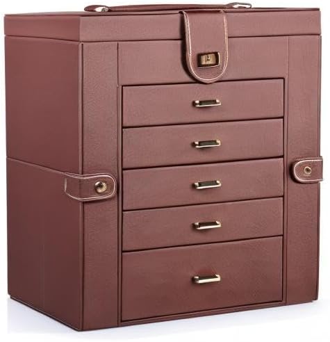 Kendal Extra Large Jewelry Box Jewelry Case PU Leather 6 Tier 5 Drawers Large Storage Capacity with Mirror Jewelry Storage Organizer Great Gift Also Good For Watches LJC-SHD5BN (Brown)