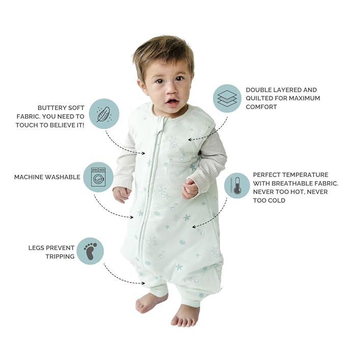Tealbee Dreamsuit: Toddler Sleep Sack with Feet 12-18 Months, 18-24 Months - 1.5 TOG Winter Baby Wearable Blanket for Walkers - Rayon made from Bamboo, Organic Cotton Sleep Bag - Seashell