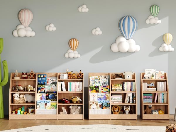 4 Tier Kids Bookshelf Set of 2,4 Layer Sling Kids Book Shelf for Kids Rooms,Wood Children Bookcase,Baby Storage Book Rack,Toddler Bookshelf, Book and Toy Organizer,Book Display Shelf for Nursery
