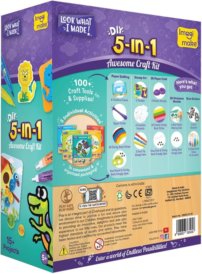 Imagimake 5 in 1 Awesome Craft Kit | Over 15 Projects - Creative DIY Arts & Crafts, Craft Kit for Kids | Gifts for 5 6 7 8 9 10 11 12 Years Old Girls & Boys | Arts and Crafts for Kids Ages 6-8 & 8-12