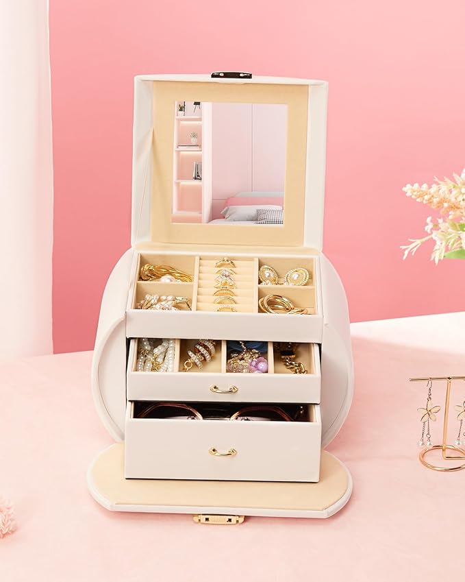 Homde Girls Jewelry Box Jewelry Storage Case Organizer with Mirror for Rings, Earrings, Bracelets, Necklaces (White + Gold)