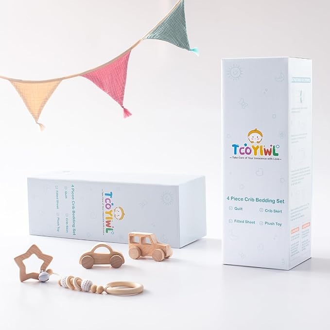 4 Piece Crib Bedding Set for Boys Girls, Infant Toddler Nursery Baby Bedding Sets Includes Cartoon Quilt, Fitted Crib Sheet, Crib Skirt and Plush Mermaid Toy