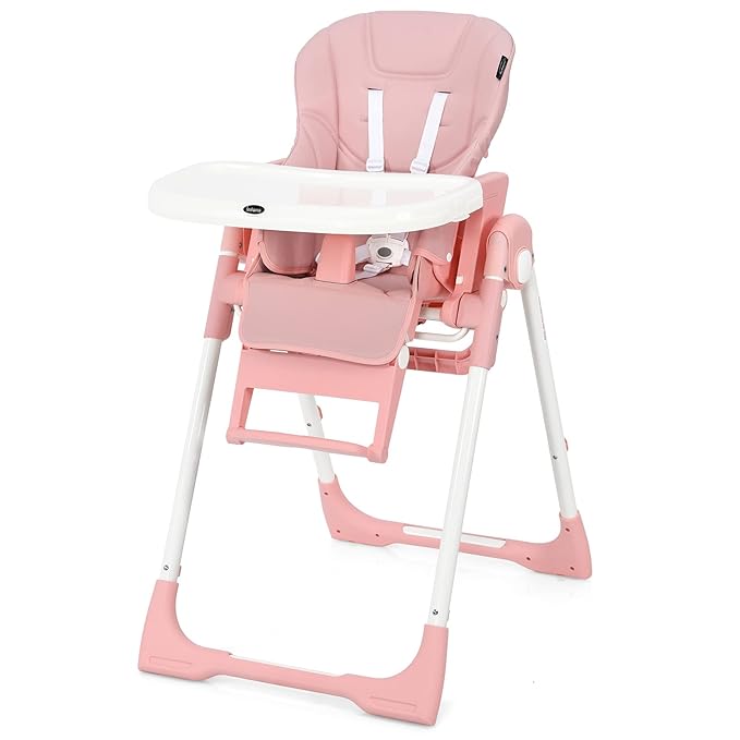 INFANS 4 in 1 High Chair–Booster Seat, Convertible Highchair w/Adjustable Height and Recline,Removable Tray,DetachableCushion, Installation-Free,Simple Fold for Baby, Infant& Toddler (Pink)