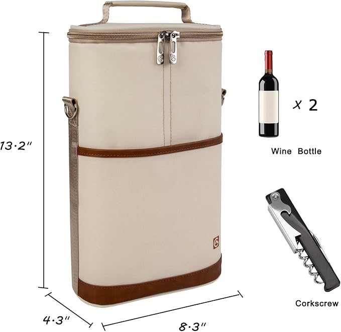 ALLCAMP 2 Bottle Wine Tote Carrier - Insulated Portable Padded Canvas Wine Bag for Travel, BYOB Restaurant, Wine Tasting, Party, Great Christmas Day Gift for Wine Lover,Cream-colored