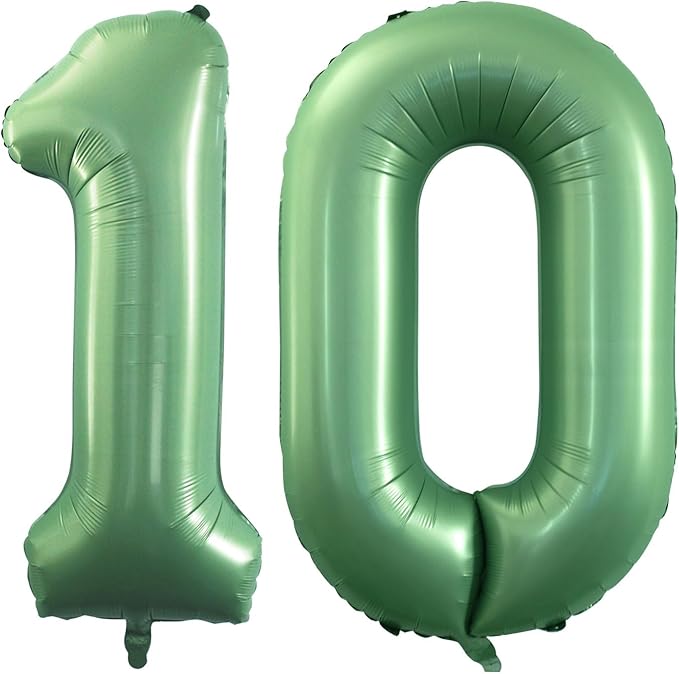 GOER Number 10 Balloons for 10th Birthday Party Decorations,42 Inch Jumbo Foil Helium Balloons for 10th Anniversary (Sage Green)