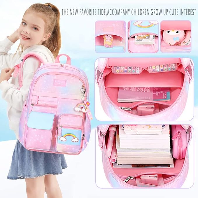 Kawaii Backpack - Pink & Purple Starry Rainbow Bookbag for Girls & Kids