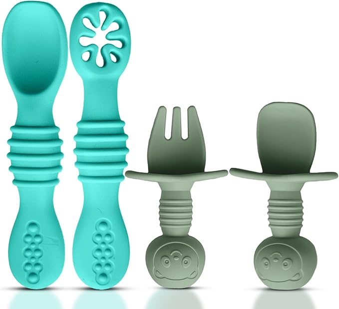 8pc Silicone Baby Spoons & Forks Set – Self Feeding Baby Utensils 6-12 Months – BPA Free, Dishwasher Safe – Toddler Cutlery (Turquoise/Pickle & Green/Yellow)