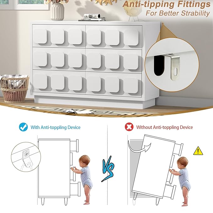 Anbuy White Baby Dresser for Bedroom, Dresser for Baby with 6 Drawers, Storage and Organization Unit with Square Handles, for Nursery, Kids