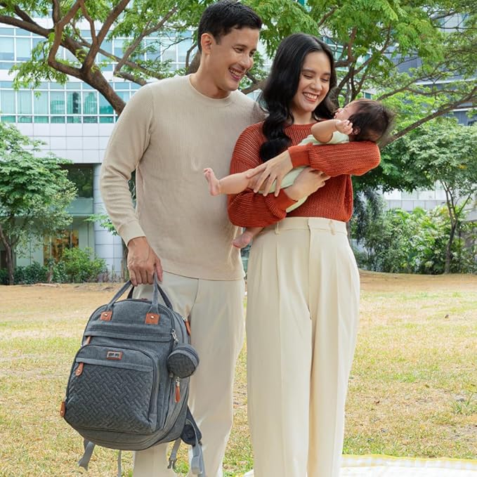 BabbleRoo Extra Large Diaper Bag Backpack, Expandable Baby Bag with Up to 50% More Capacity - Travel Essentials Baby Bag Tote with Changing Pad, Stroller Straps & Pacifier Case - Unisex, Light Gray