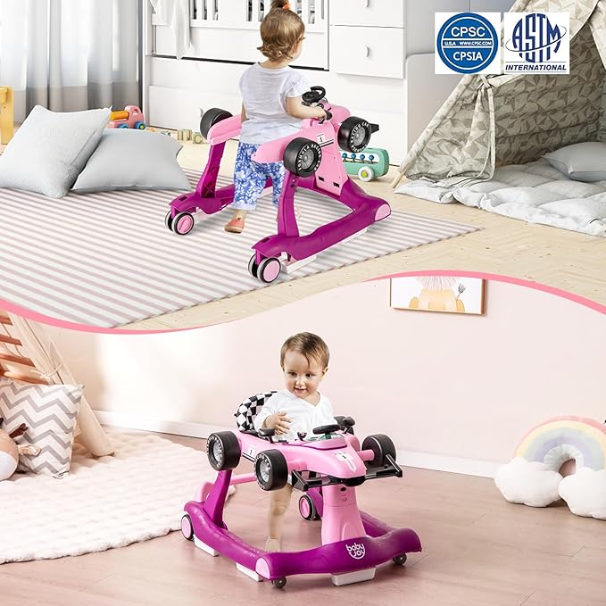 BABY JOY 4-in-1 Baby Walker, Foldable Activity Walker with Adjustable Height & Speed, Music, Lights, Steering Wheel, Comfy Seat Cushion, Activity Baby Push Walker for Boys Girls Aged 6 –18 (Purple)