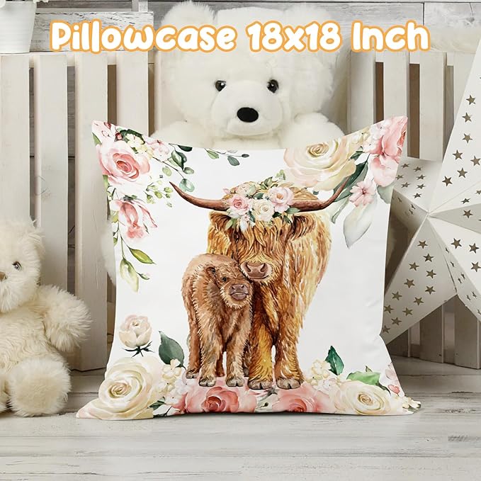Baby Crib Bedding Set - Highland Cow Design Nursery Bed 3 Pcs Set - Chic Soft Blanket with Dotted Backing, Sheet, Pillowcase for Newborns Girls Boys Gifts Color01