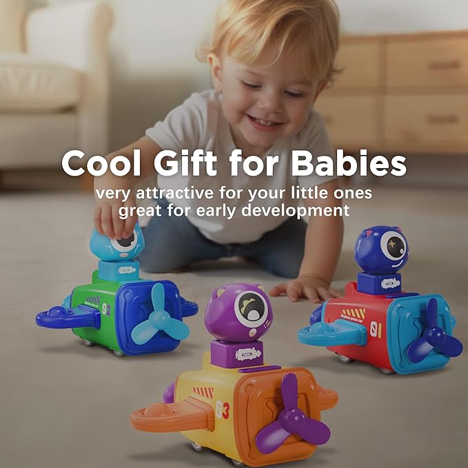 iPlay, iLearn Press to Go Car Toys for Toddlers 1-3, Baby Airplane Race Cars, Infant Push Go Play Vehicle Set, Boys Pull Back Friction Car for 6-9-12-18 Month, 1st Birthday Gift for 1-2 Years Old Kids