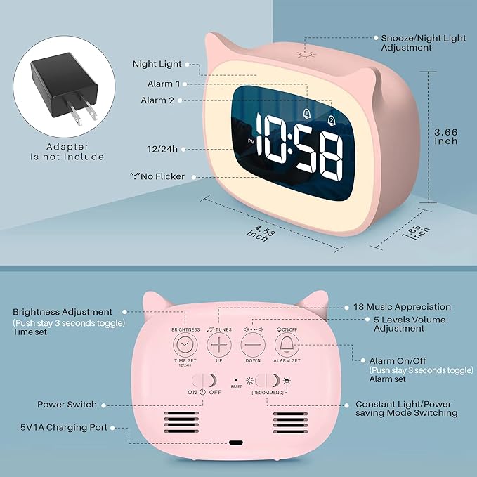 Kids Alarm Clock with Night Light & 18 Ringtones,Rechargeable,Cute Cat Ear Clock for Boys Girls Birthday Presents,Digital Clock for Children's Bedroom(Pink)