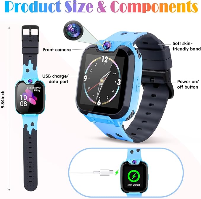 Goodatech Smart Watch for Kids Boys Girls Learning Toys with 16 Games Phone Call SOS, Camera Voice Music Player Recorder Alarm Clock,4-12 Years Birthday (Blue)