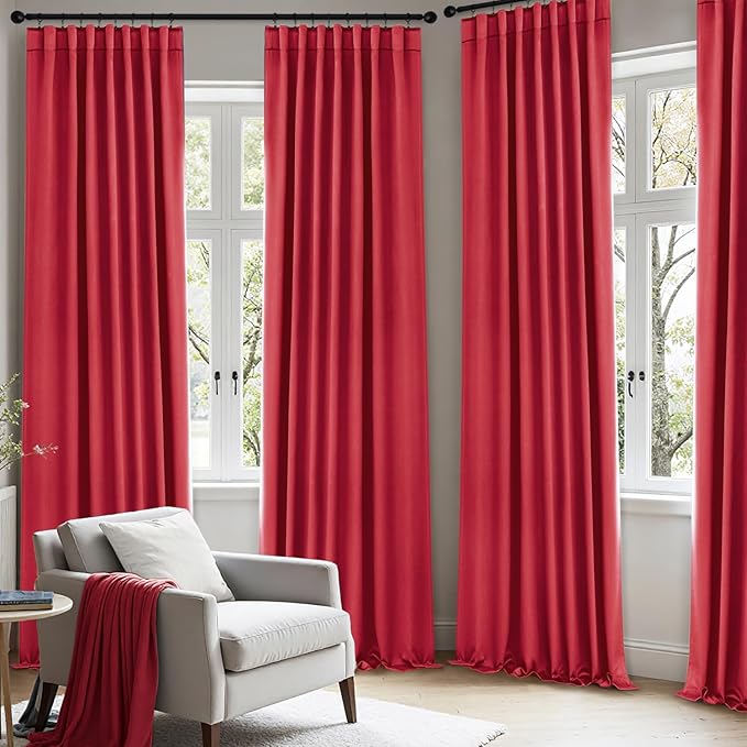 ANRODUO Back Tab Blackout Curtains for Bedroom Living Room, Rod Pocket Pinch Pleated Thermal Insulated Room Darkening Curtains 90 Inches Long 2 Panels, Red, 42 x 90 Inch
