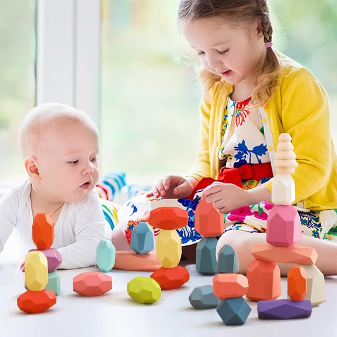 OESSUF Stacking Rocks 48Pcs Stacking Blocks Balancing Stacking Stones Wooden Building Toys Wood Stone Stacking Game for Toddler Sorting Preschool Educational Montessori Stacking Rocks for Kids