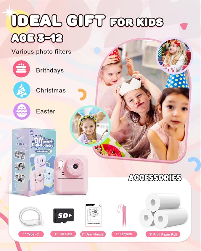 JOYJAM Kids Camera Instant Print, Upgrade Dual-Lens Selfie Digital Camera for Kids, HD 1080P, Christmas Birthday Gifts Toys for Girls Age 3-12, Toddler Portable Toy with SD Card 3 Rolls Print Paper