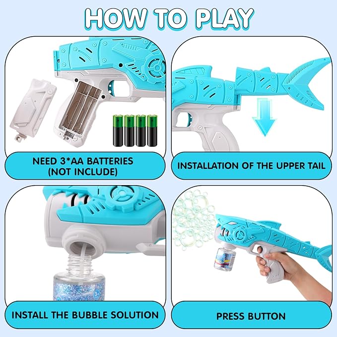 Automatic Bubble Machine Gun for Kids with 2 Bottles 5 Bags of Refill Solution Lights ElectricShark Bubble Gun Toys Outdoor Toys Gifts Wedding Easter Party Favor