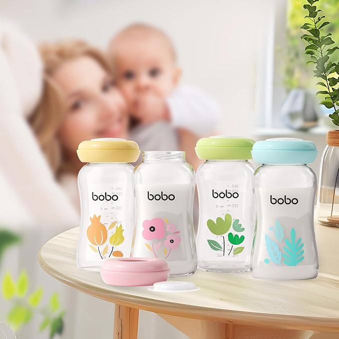YOHKOH Glass Breast Milk Storage Bottles - 100% Leak-Proof, BPA-Free Breastmilk Storage Containers, Freezer & Dishwasher Safe, Ideal for Nursing Mothers (Multicolor, 5.4oz (Pack of 4))