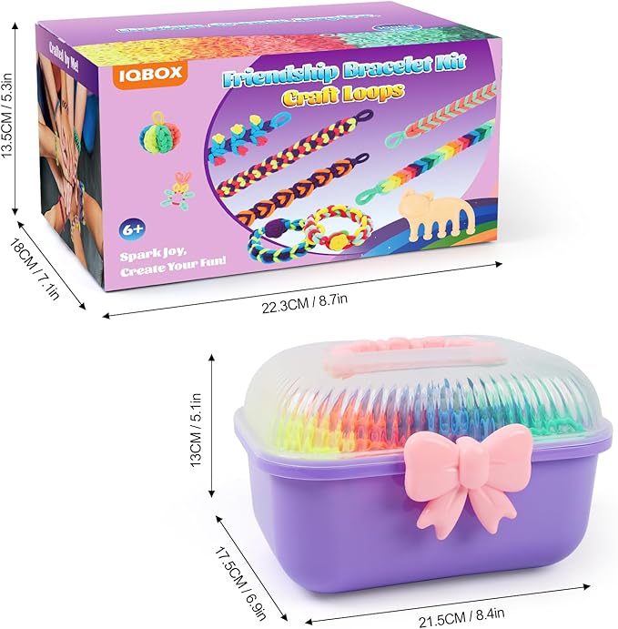 IQBOX Bracelet Making Kit Arts and Crafts for Girls Ages 8-12, Weaving Loom Rainbow Bands DIY Toys Birthday Gifts for Kids 6 7 9 10 11 13 Year Old, 1000+ Elastic Cloth Rubber Band Fabric Loops
