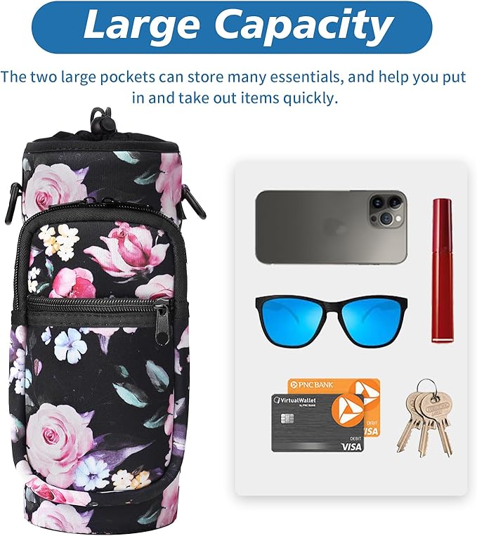 32 40 oz Water Bottle Carrier with Strap, Neoprene Water Bottle Sleeve Bag with 2 Pockets Insulated Flask Sling Holder for Walking Hiking Gym