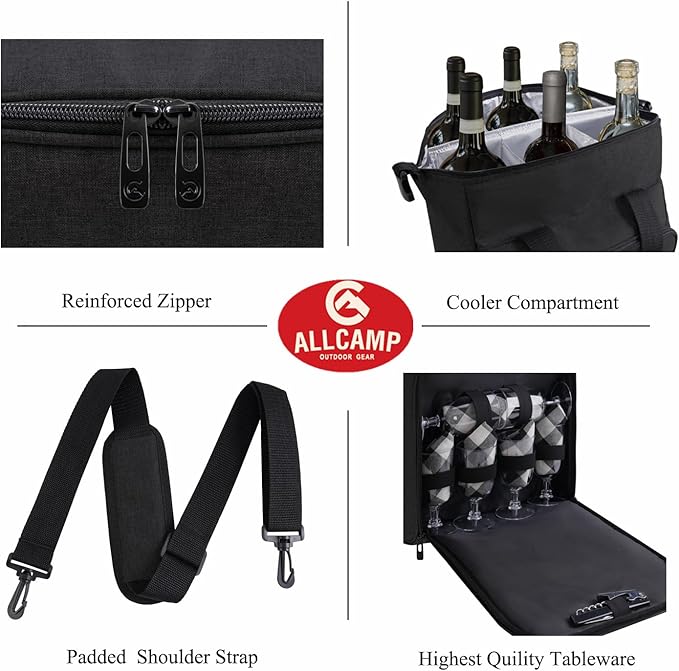 ALLCAMP 6 Bottle Wine Gift Bag - Insulated Tote Cooler, Adjustable Strap, Includes 6 Wine Glasses, Napkins & Corkscrew, Portable Travel Gifting(Black)