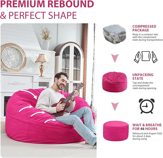 5FT Bean Bag Chair, Large Bean Bag Chairs with Memory Foam Filled, Fluffy Beanbag Sofa with Dutch Velvet Cover, Round BeanBag Chairs for Living Room, Playroom - Pink