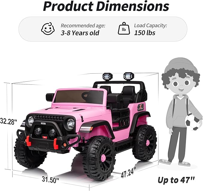 2 Seater Ride on Car Truck, 12V Kids Electric Ride on Toy for Big Kids Age 3-8 w/Remote Control- Light Pink