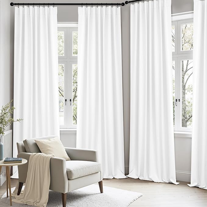 ANRODUO Back Tab Blackout Curtains for Bedroom Living Room, Rod Pocket Pinch Pleated Thermal Insulated Room Darkening Curtains 96 Inches Long 2 Panels, White, 42 x 96 Inch