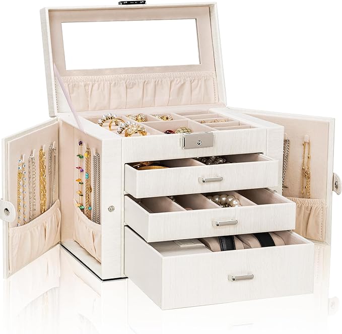 AKOZLIN 4-Tier Jewelry Box Lockable Leather Jewelry Storage Case Organizer with 3 Drawers for Women Girls Ring Necklace Earring Bracelet Watches Holder with Mirror