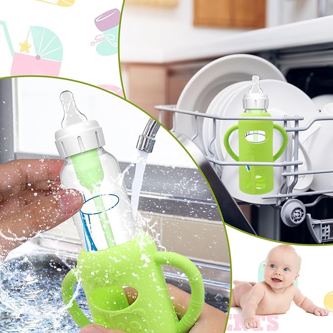 4 Pack Silicone Sleeves for Dr. Brown's Glass Baby Bottles - Drop Protection Baby Bottle Sleeves,Compatible with Dr. Brown's Newborn Glass Bottles,with Silicone Handles,8 oz