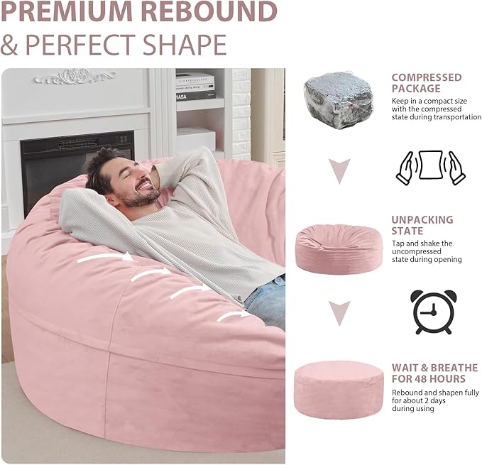 6FT Bean Bag Chair, Large Bean Bag Chairs with Memory Foam Filled, Fluffy Beanbag Sofa with Dutch Velvet Cover, Round BeanBag Chairs for Living Room, Playroom- Light Pink