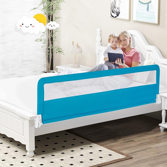 BABY JOY Bed Rails for Toddlers, 71'' Extra Long, Upgraded Swing Down Bed Guard w/Safety Strap, Folding Baby Bedrail for Kids Twin, Double, Full Size Queen & King Mattress (71-Inch, Blue)