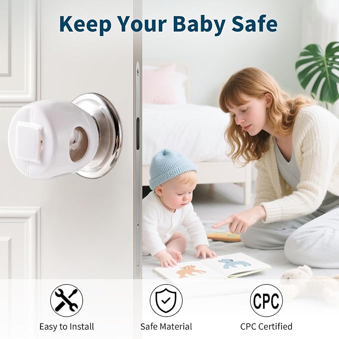 Inaya Door Knob Safety Cover for Kids (4 Pack) β Child Proof Door Knob Covers for Baby Proofing β Door Locks for Kids Safety, Fits Most Round Handles, Easy to Install, White
