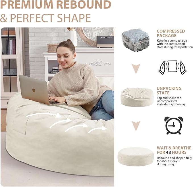 7FT Bean Bag Chair, Large Bean Bag Chairs with Memory Foam Filled, Fluffy Beanbag Sofa with Dutch Velvet Cover, Round BeanBag Chairs for Living Room, Playroom - Beige