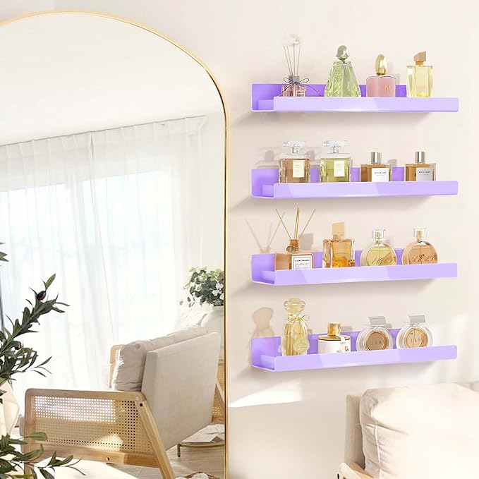 4 Pack 15 Inch Purple Acrylic Shelves, Kids Floating Bookshelf for Kids Room, Modern Nail Polish Rack Sunglasses Essential Oil Picture Ledge Display Toy Storage Wall Shelf