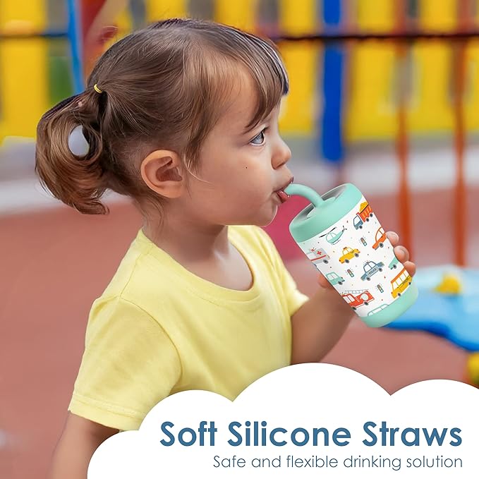 Kid Insulated Stainless Steel Tumbler with Silicone Straw, 12oz Sippy Cup for Kids (Transportation)