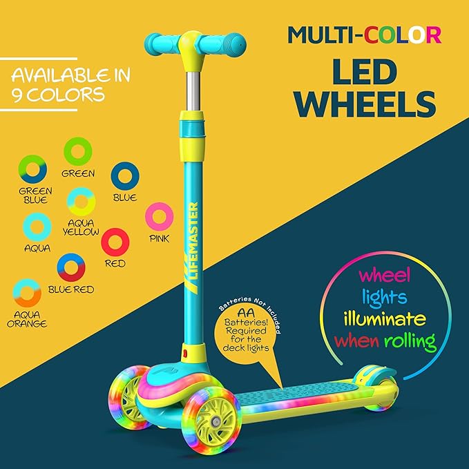 3-Wheel Kids Scooter with Multi-Color Lights on Deck & Wheels – 5-Height Adjustable Handlebar, Wide Anti-Slip Deck, Child Safety Certified, Boys & Girls Ages 3+ Supports Up to 150 lbs