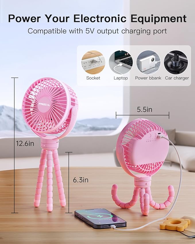 FRIZCOL 12000mAh Portable Stroller Fan, Use As Power Bank, 65H Battery Operated Fan Flexible Tripod Clip On Fans, Detachable Personal Handheld Baby Fans for Stroller, Car seat, Desk, Treadmill(Pink)