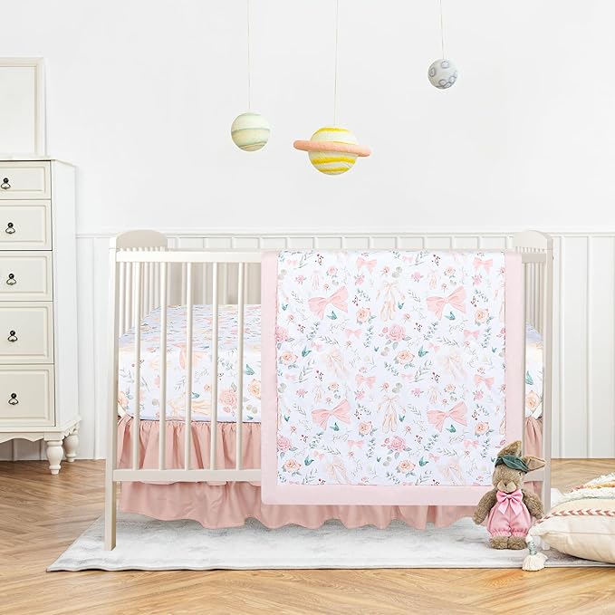 GFU Crib Bedding Set for Girls 4-Piece, Bow Baby Girl Crib Bedding Set Pink Flowes, Nursery Sets Includes Comforter, Fitted Crib Sheet, Crib Skirt, and Diaper Stacker