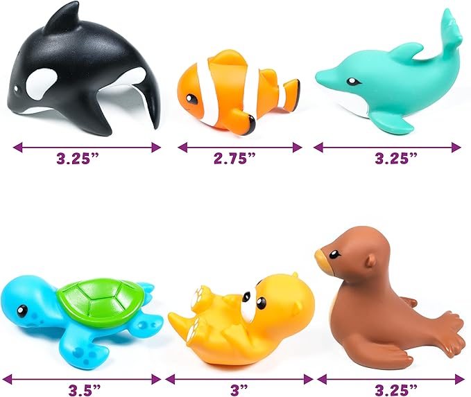 Tub Works® Marine™ Mold Free Bath Toys, 6 Pack | Sealed, No Hole Bath Toys Design Keeps Moisture Out | Soft, Squeezable & Float on Water | Easy-Grip Baby & Toddler Bath Toy Set | Great Baby Pool Toys