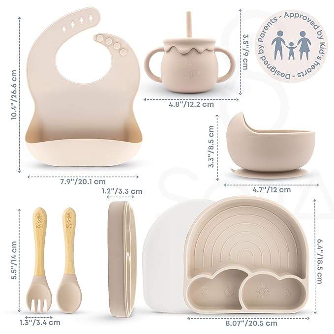 All In One Silicone Feeding Set - Safe for 6-12 Months - Non-Toxic Baby Led Weaning Supplies - Toddler Self Feeding Utensils - BPA-Free - Mess Free Essentials