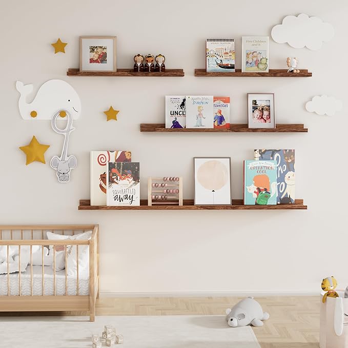 Fun Memories Picture Ledge Shelf, 36 Inch Floating Shelves Set of 2, Nursery Book Shelves for Toys Storage, Kids Bookshelf Wall Mounted for Wall Decor Books Photo Frames, Walnut