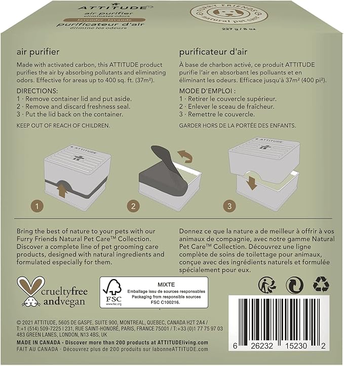 ATTITUDE Air Purifier with Activated Carbon Filter, Plant- and Mineral-Based Ingredients, Traps Pet Odors and Pollutants, Vegan and Cruelty-free, Lavender, 8 Ounces (Pack of 2)