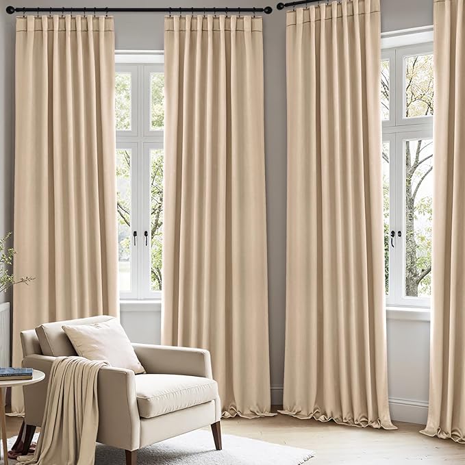ANRODUO Back Tab Blackout Curtains for Bedroom Living Room, Rod Pocket Pinch Pleated Thermal Insulated Room Darkening Curtains 90 Inches Long 2 Panels, Beige, 42 x 90 Inch