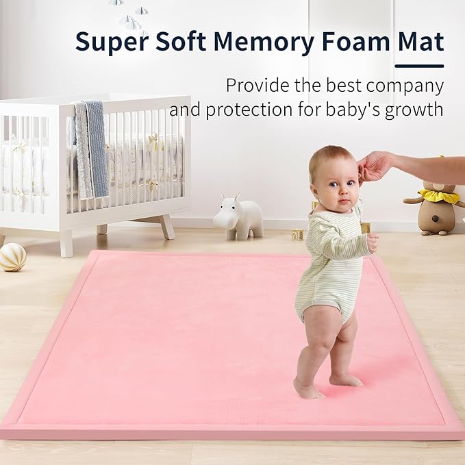 ACOMOPACK Baby Play Mat for Floor 1.3" Thick Memory Foam 50x50 Soft Velvet Playpen Mat for Kids,Infants,Toddlers,Tummy Time Crawling Mats with Non-Slip Bottom,Yoga,Tatami,Nursery Rug(Pink)