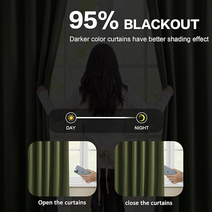 KEQIAOSUOCAI Dark Academia Olive Green Curtains Blackout with Pinch Pleat, 90 Inch Drapes 2 Panels Thermal Insulated Window Treatment Energy Saving Sound Reducing Draperies for Bedroom 40x90