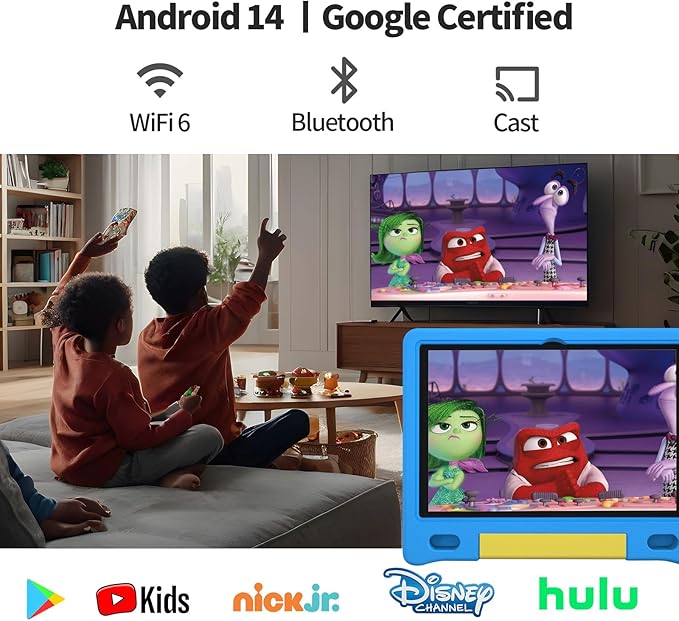 JREN Kids Table 10.1" |Android 14 Tablet for Kids|64GB Storage|Octa-Core|WiFi |Cameras|Parental Control|Kids Content|Case Included Great Gift for Children Ages 3-12 Years Old Blue