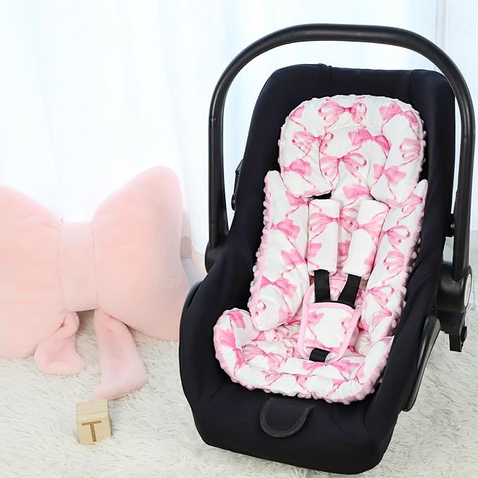 Infant Car Seat Insert, Soft Baby Car Seat Head & Body Support for Girl Boy, Reversible Newborn Preemie Carseat Insert Cushion with 3 Straps Pads, Fits Car Seat, Stroller, Swing, Bouncer, Pink Bow