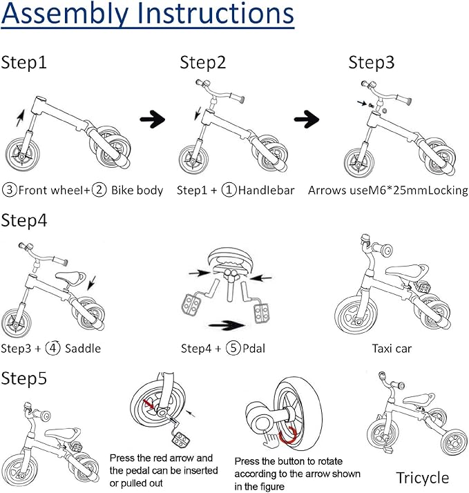 Ancaixin 3 in 1 Toddler Tricycles for 2-5 Years Old Boys and Girls with Detachable Pedal and Bell, Foldable Baby Balance Bike Riding Toys for 2+ Kids, Child Birthday Christmas New Year Gift Blue